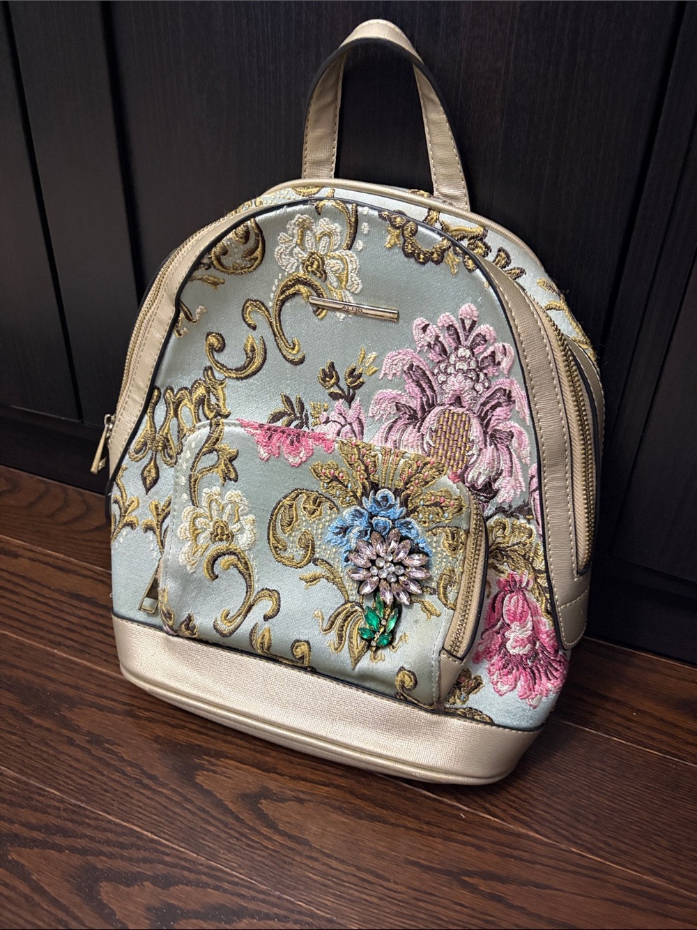 Aldo Light Blue Floral Embroidered Backpack with Pink & Blue Accents